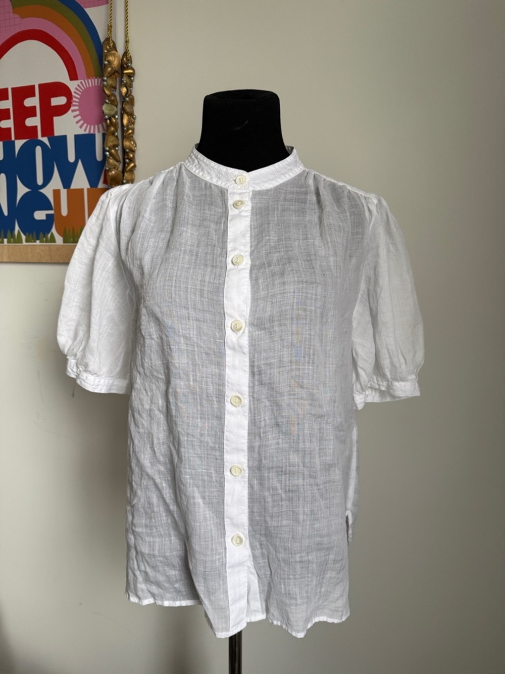 BR Short Puffy Sleeve White Sheer Button Down Blouse